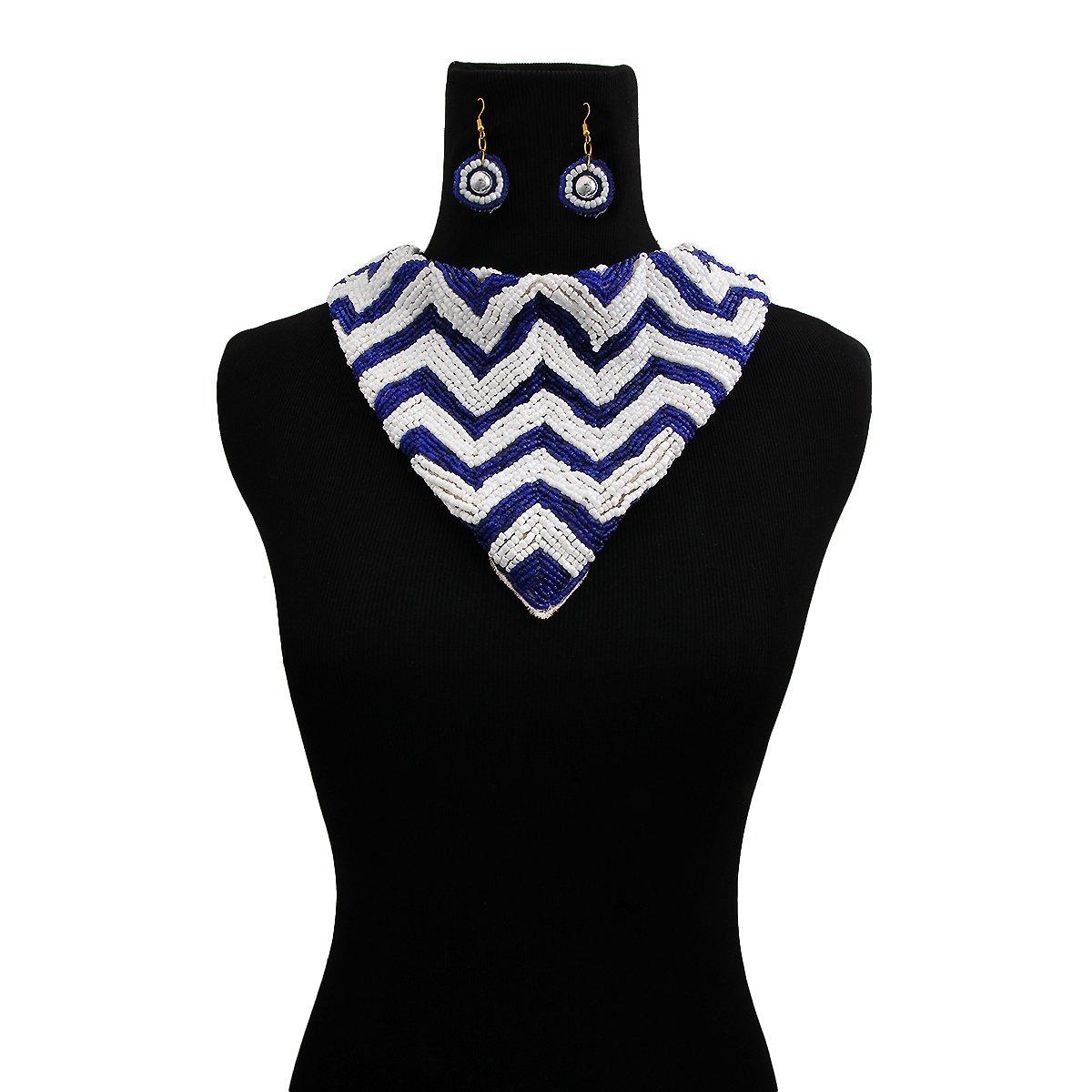 Handmade Embroidered Scarf Necklace Set with Chevron Pattern Blue and White Beads