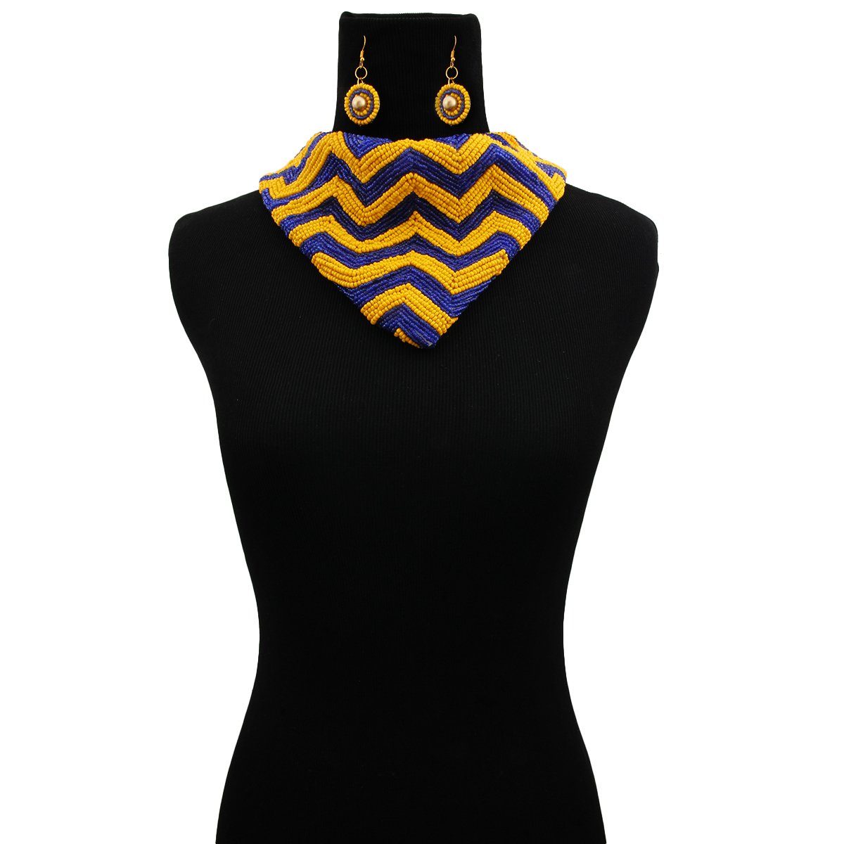 Handmade Embroidered Scarf Necklace Set with Chevron Pattern Yellow and Blue Beads